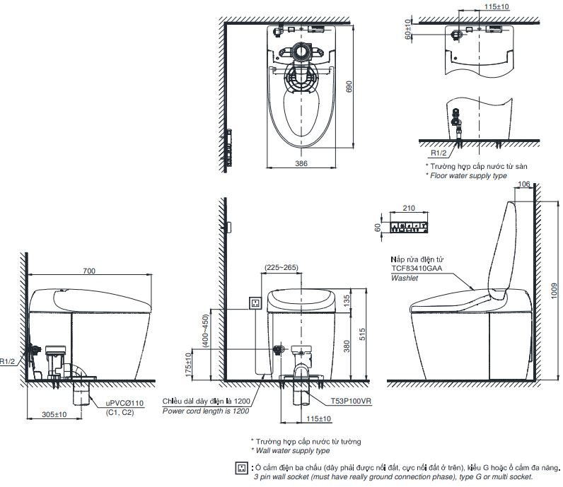 Bản vẽ kỹ thuật bàn cầu thông minh TOTO CS921VT/TCF83410GAA