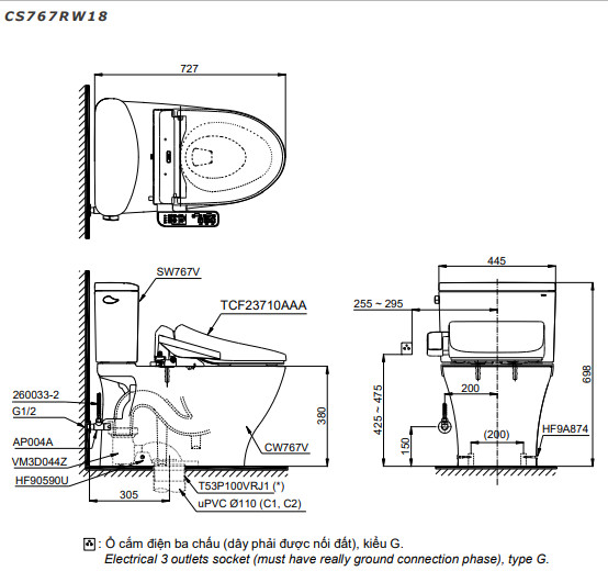 Bản vẽ kỹ thuật bàn cầu TOTO CS767RW18#XW