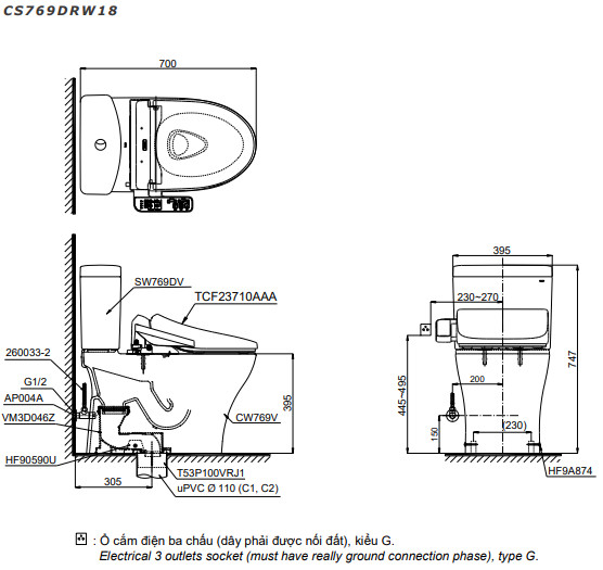 Bản vẽ kỹ thuật bàn cầu điện tử TOTO CS769DRW18#XW
