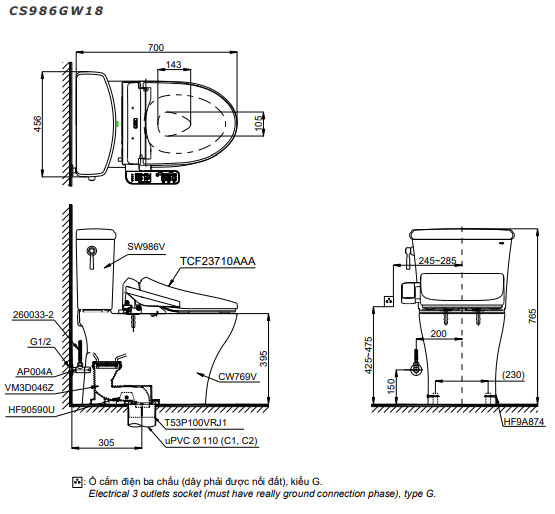 Bản vẽ kỹ thuật bàn cầu điện tử TOTO CS986GW18