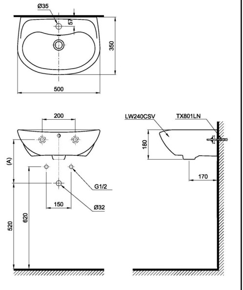 bản vẽ kỹ thuật lavabo TOTO LT240CS