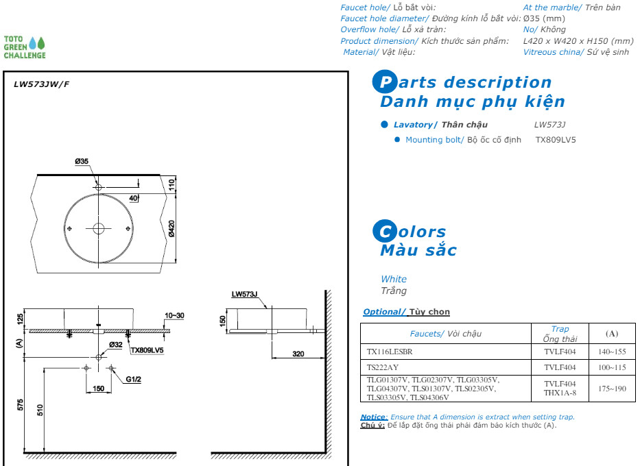 Bản vẽ kỹ thuật chậu TOTO LW573JW/F