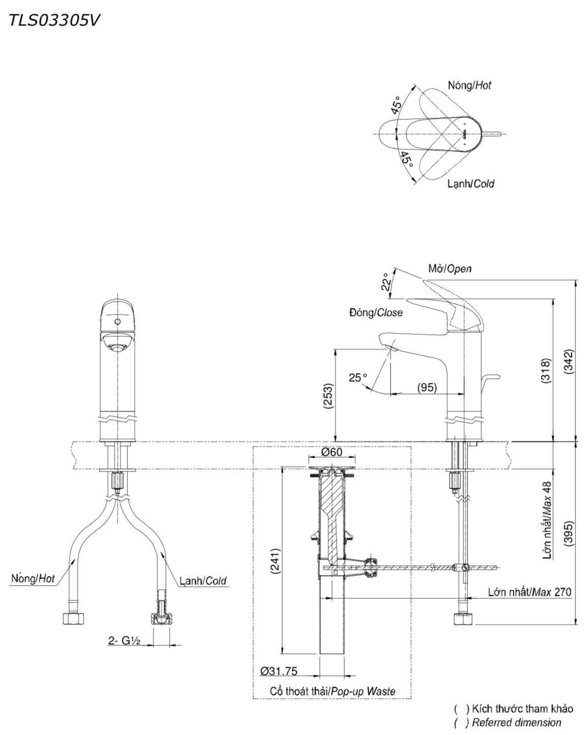 Bản vẽ của vòi Lavabo TOTO TLS03305V nóng lạnh