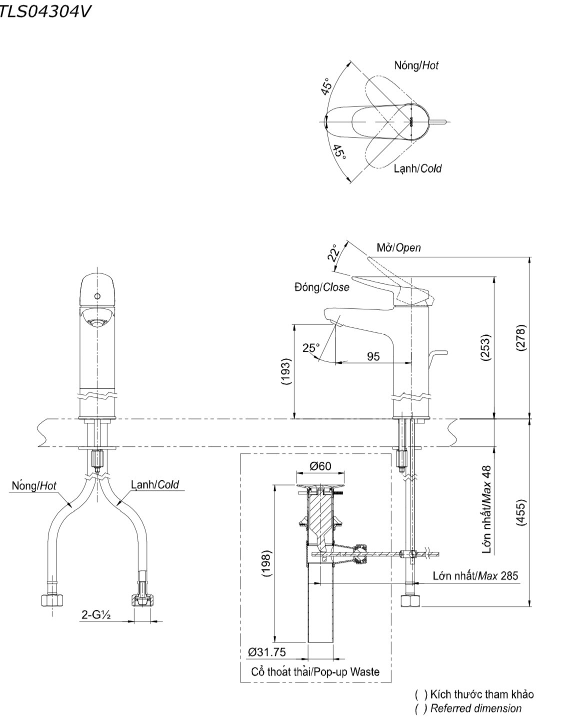 Bản vẽ kỹ thuật Vòi Lavabo TOTO TLS04304V Nóng Lạnh