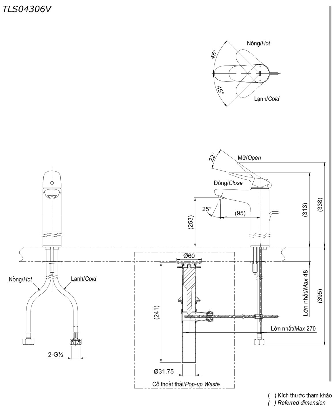 Bản vẽ kỹ thuật Vòi Lavabo TOTO TLS04306V Nóng Lạnh