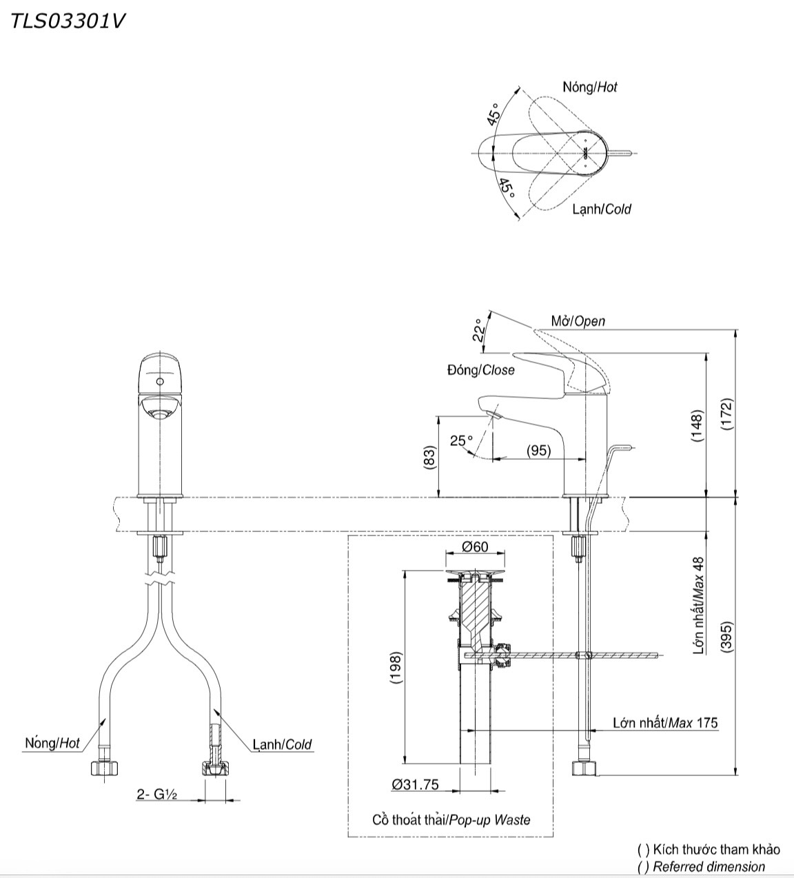 Bản vẽ Vòi Lavabo TOTO TLS03301V Nóng Lạnh