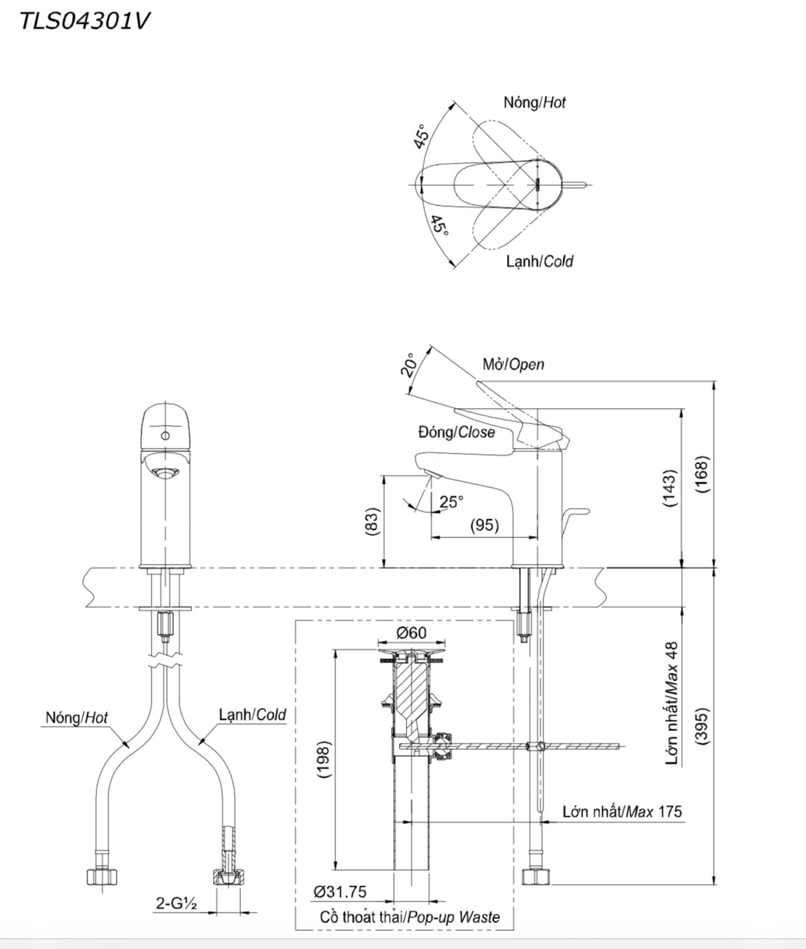 Bản vẽ Vòi Lavabo TOTO TLS04301V Nóng Lạnh