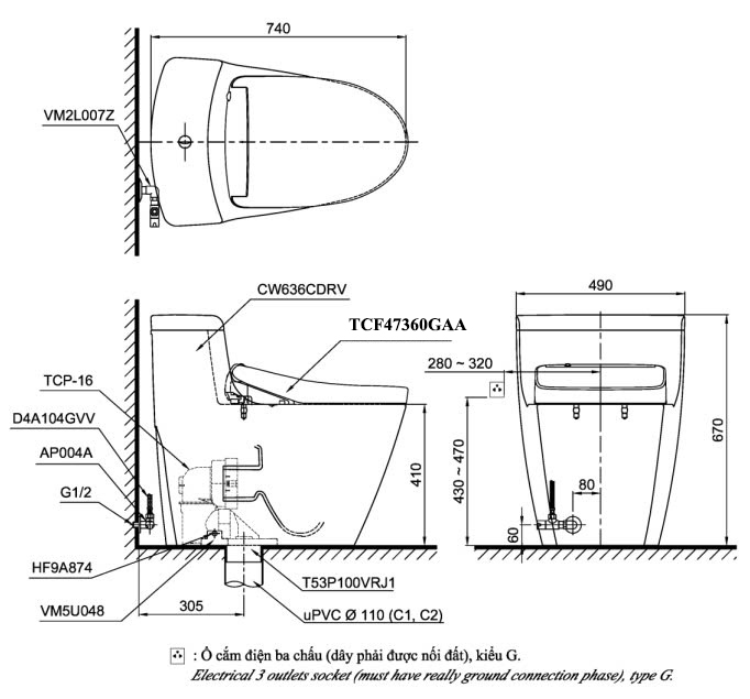 Bản vẽ bàn cầu điện tử TOTO TCF47360GAA