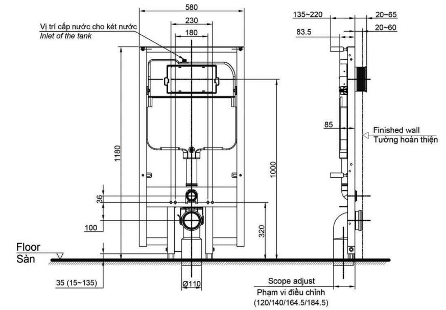 Bản vẽ kỹ thuật két nước âm tường TOTO WH172A