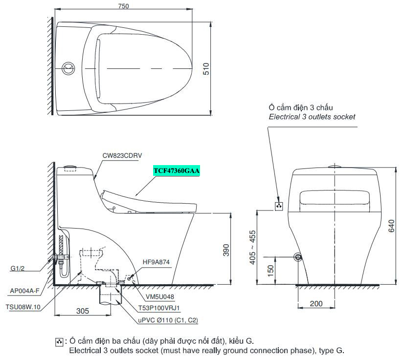 Bản vẽ bồn cầu điện tử TOTO MS823CDRW23#XW