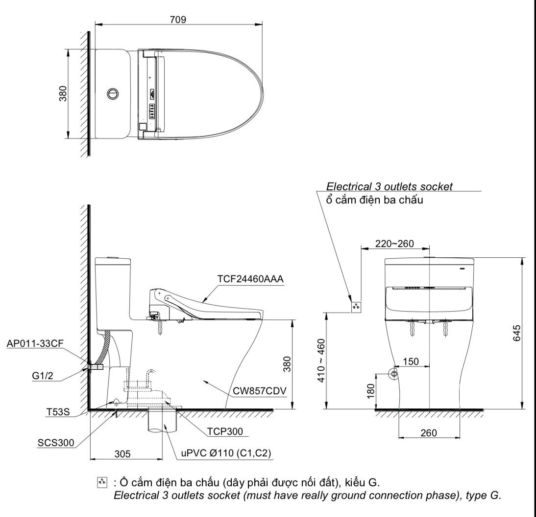 Bản vẽ kỹ thuật cầu TOTO MS857CDW15#XW