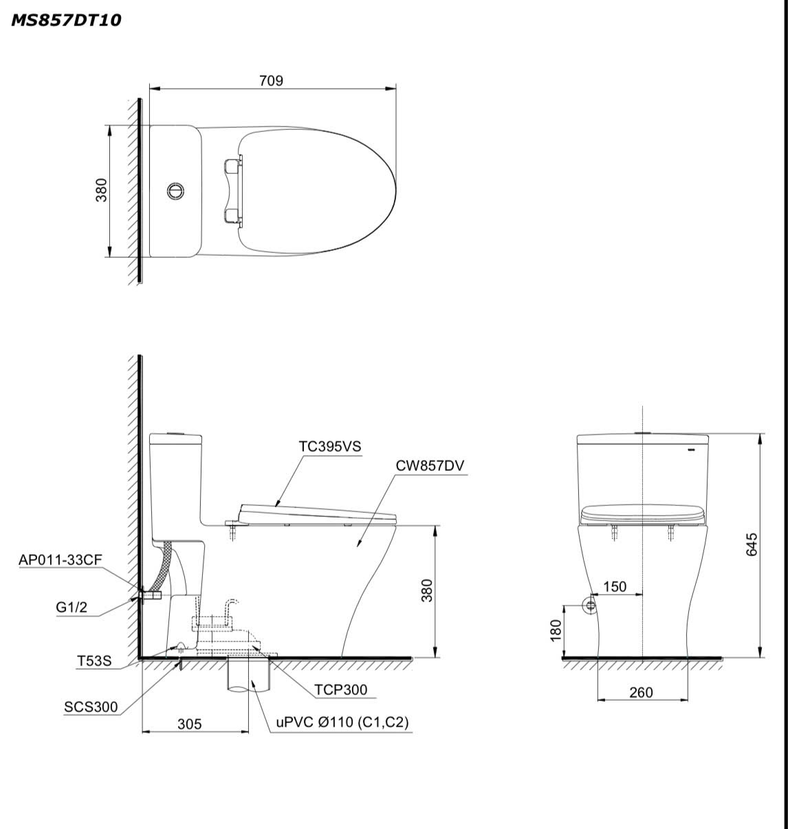 Bản vẽ kỹ thuật bàn cầu TOTO MS857DT10