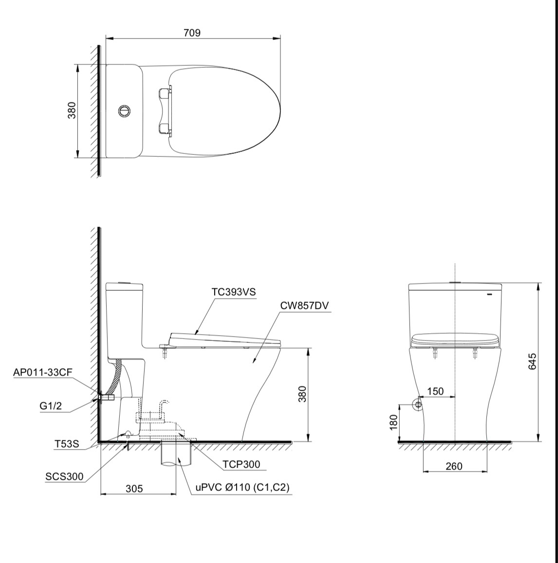 Bản vẽ kỹ thuật bồn cầu TOTO MS857DT2