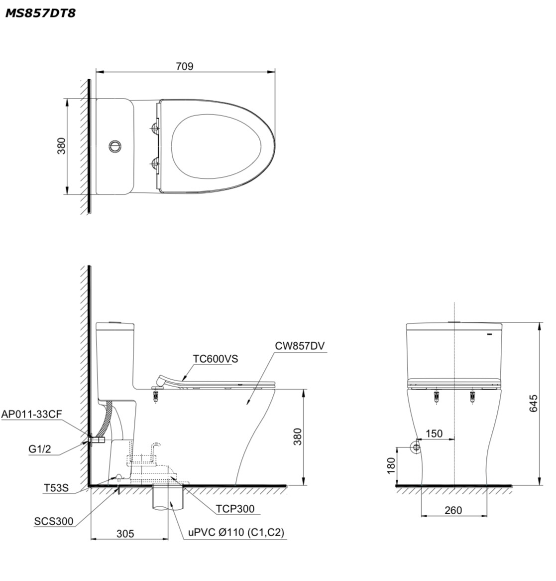 Bản vẽ kỹ thuật bàn cầu TOTO MS857DT8