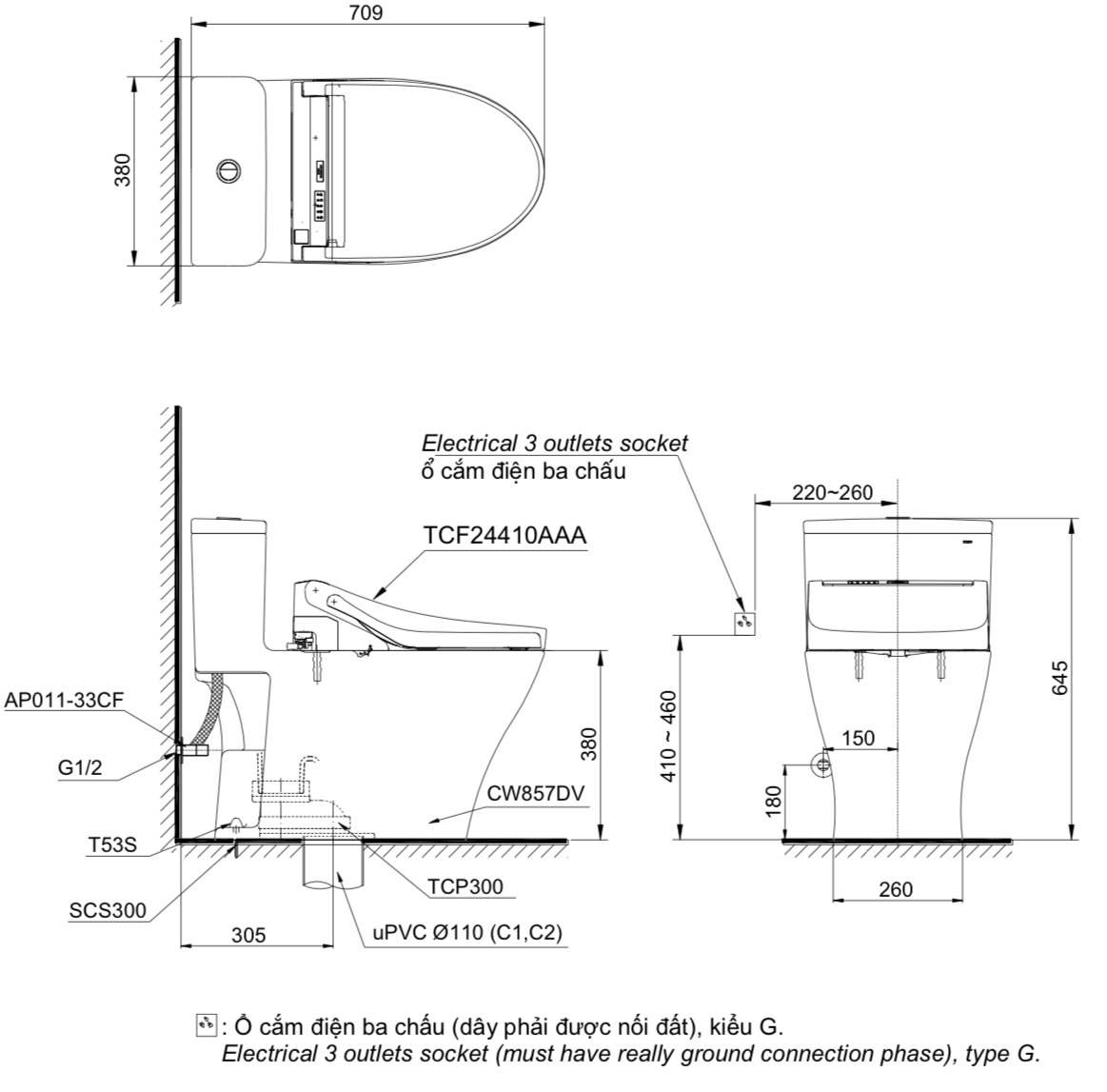 Bản vẽ kỹ thuậ Bồn Cầu TOTO MS857DW14 1 Khối