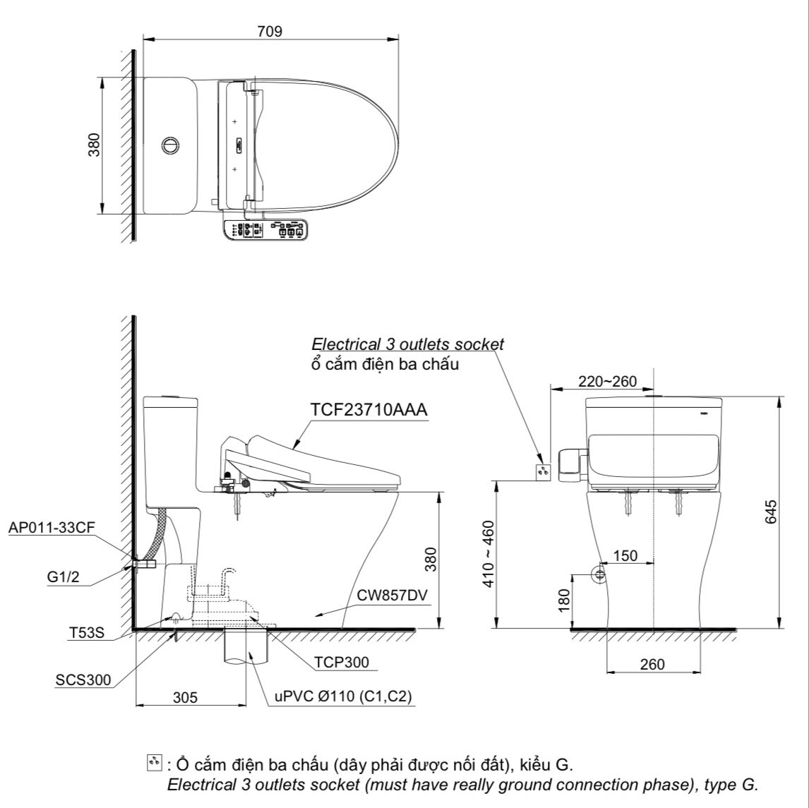 Bản vẽ Bồn Cầu Điện Tử TOTO MS857DW18